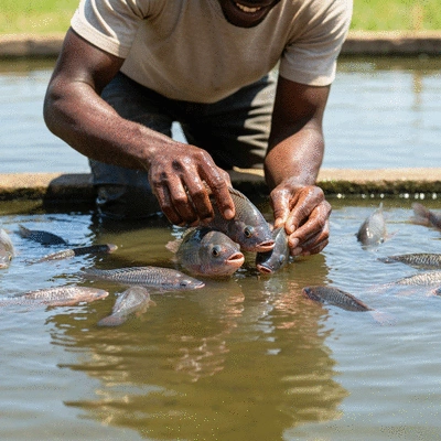 African farmer inspecting healthy tilapia fish in a pond