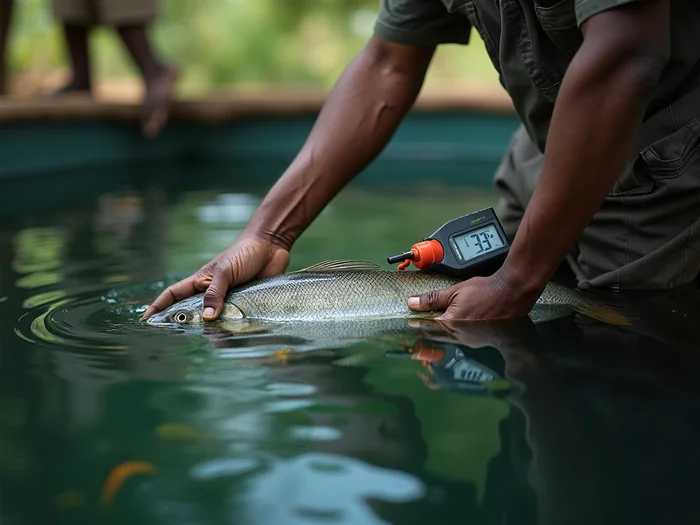 African farmer using a handheld water quality meter to test pond water parameters in a commercial tilapia farm, with healthy tilapia visible