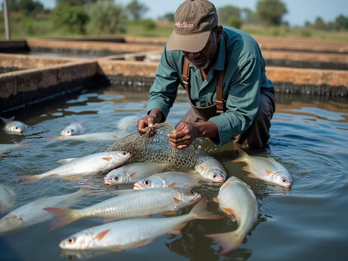 Commercial tilapia farm worker monitoring fish growth rates and adjusting stocking densities