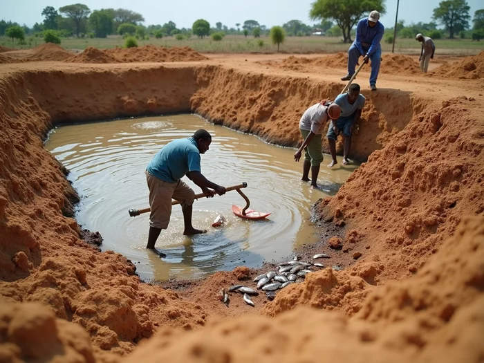 Workers compacting soil for earthen tilapia pond dikes