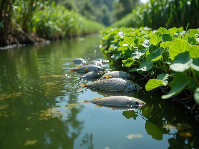 Water hyacinth plants used for natural algae control in a tilapia pond