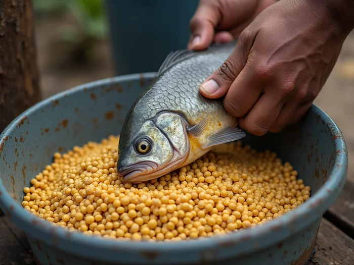 Farmer using a small-scale pellet mill to produce tilapia feed pellets from mixed ingredients
