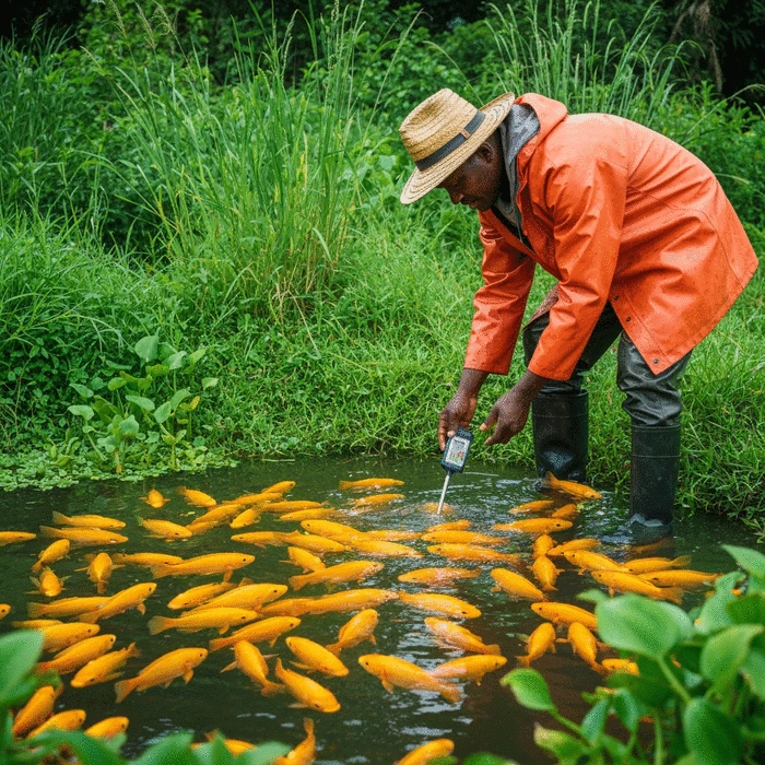 African fish farmer inspecting tilapia in a pond, checking water quality
