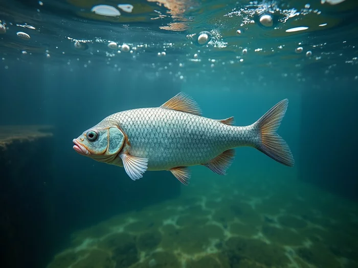 Healthy Nile tilapia swimming in a commercial aquaculture pond with clear, managed water, showing professional farming operations