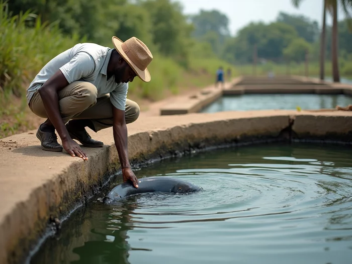 African farmer inspecting a concrete tilapia pond wall for cracks, showing a well-maintained commercial aquaculture facility with clear water. No text, no words, no typography, no labels, clean image.