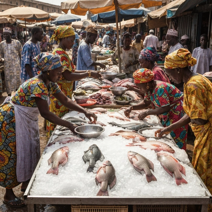 African fish market scene with various tilapia species displayed on ice