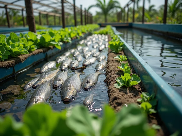 Aquaponic system with commercial tilapia tanks and media grow beds, showing efficient water circulation and plant cultivation.