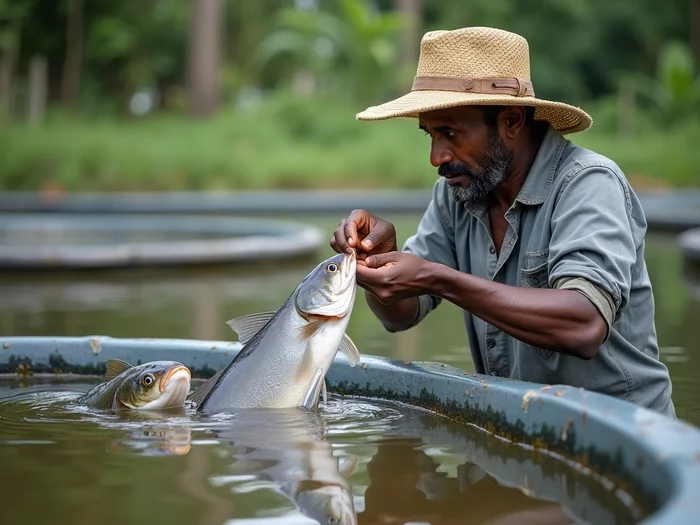 Tilapia farmer using a hybrid feeding approach with both automatic and manual feeding in a commercial pond
