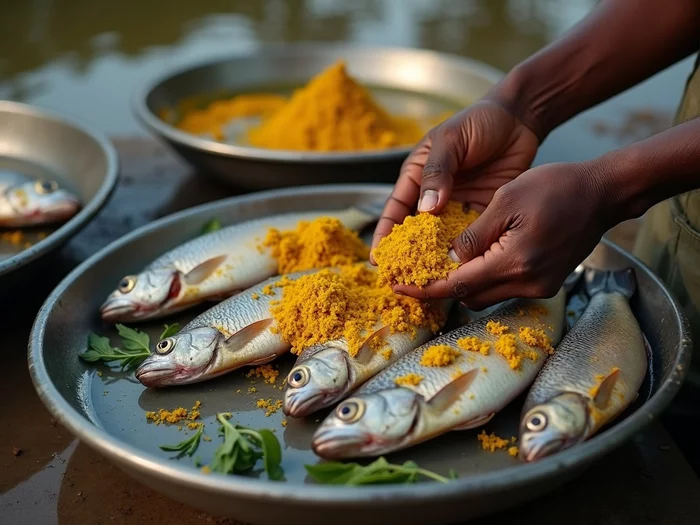 African farmer preparing natural herbal remedies for tilapia in a commercial farm setting