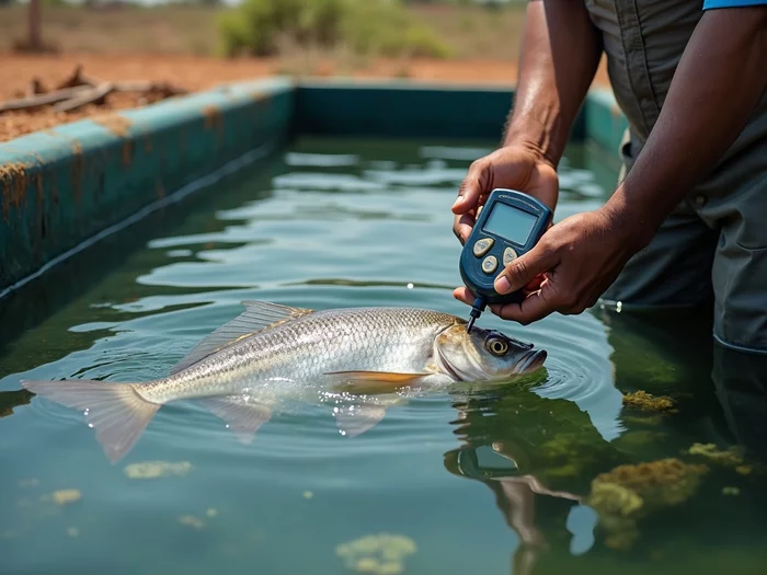 Professional testing water quality in a commercial tilapia pond
