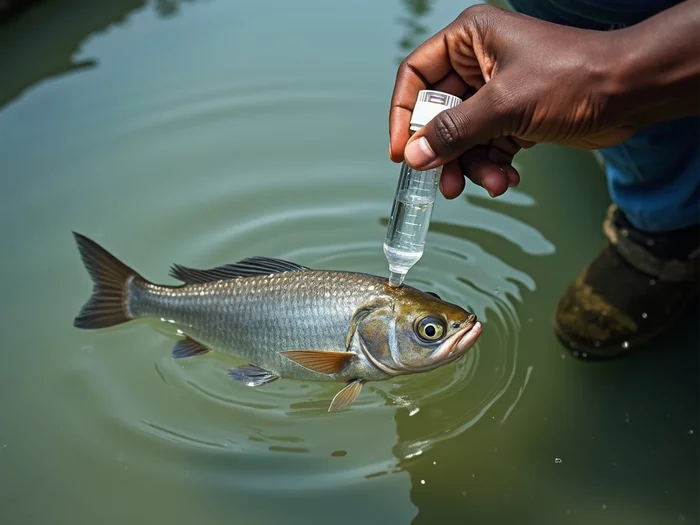 Farmer testing tilapia pond water quality in Africa