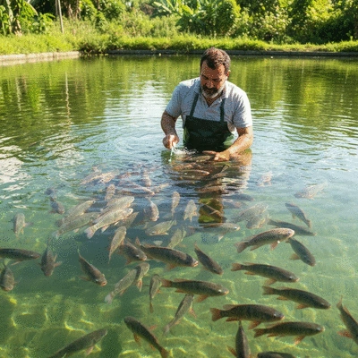 Tilapia farmer inspecting fish in a pond