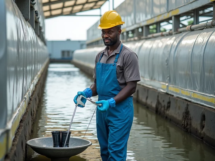African farm worker disinfecting boots at a footbath station before entering a commercial tilapia farming facility