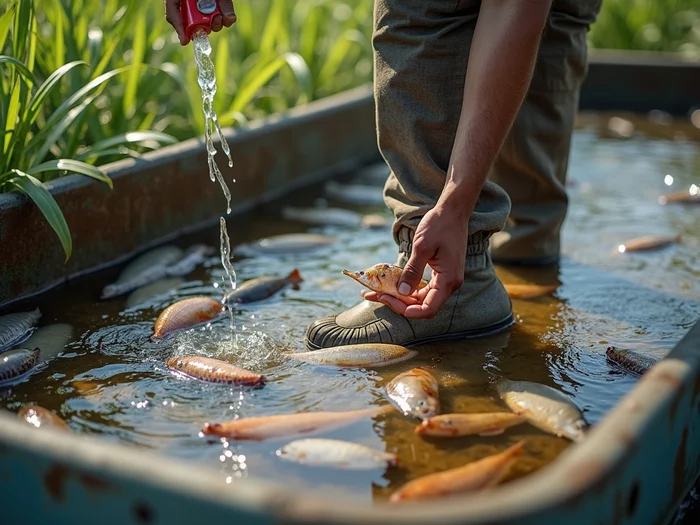 Farmer disinfecting boots at tilapia farm entrance