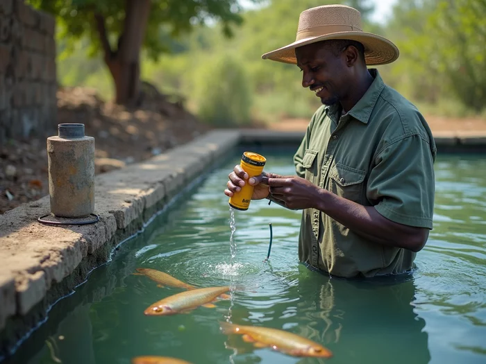 African farmer conducting water quality tests on a commercial tilapia pond, with test kits and healthy Nile tilapia visible