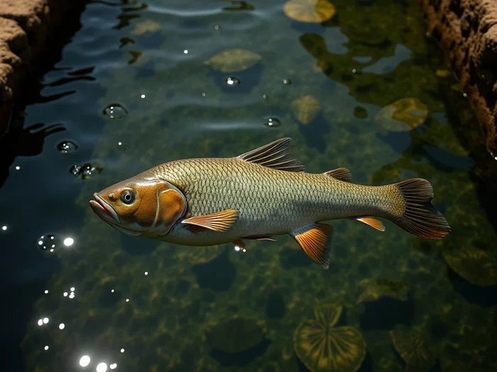 Nile tilapia in a commercial pond with aeration