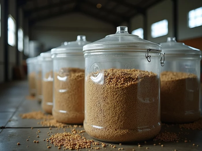 Tilapia feed being stored in airtight containers on an African farm