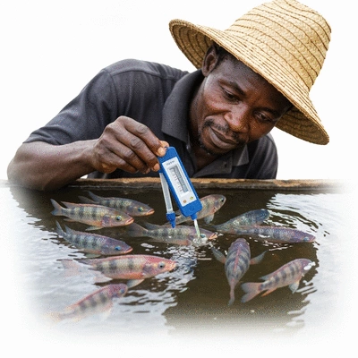 African farmer checking water quality in a tilapia pond with a test kit