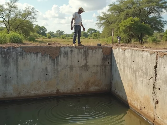 Inspecting an old concrete reservoir for cracks and structural integrity before converting to a tilapia pond, showing a farmer pointing at a hairline fracture in the concrete wall