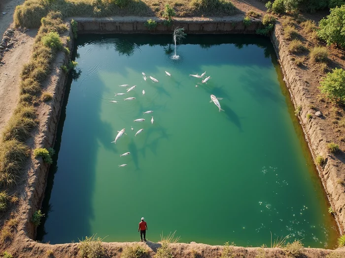 Aerial view of a rectangular commercial tilapia pond with proper inlet and outlet systems, showing clear water circulation, with a farmer inspecting flow