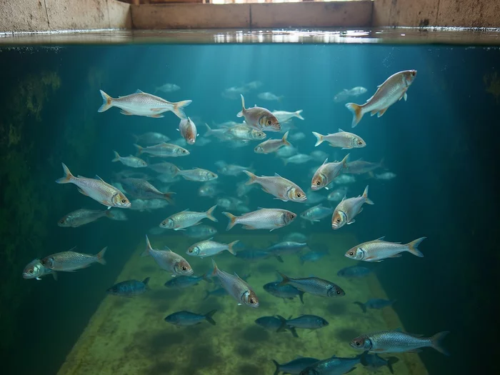 Nile tilapia fingerlings swimming in a commercial hatchery tank