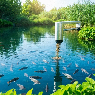 Automated fish feeder dispensing pellets into a pond