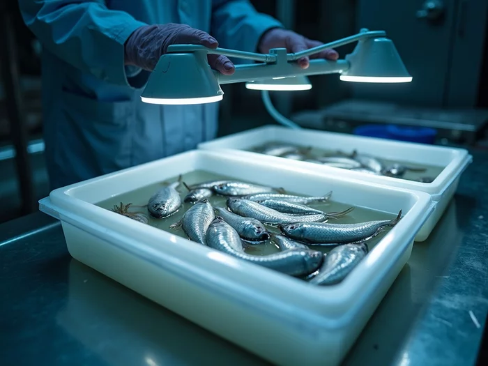 Shallow examination trays with LED lighting for manual tilapia fingerling sexing