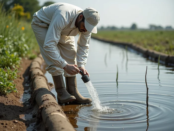 Professional farmer disinfecting boots at a footbath station before entering a commercial tilapia pond area, emphasizing biosecurity protocols in an African farming setting, no text, no words, no typography