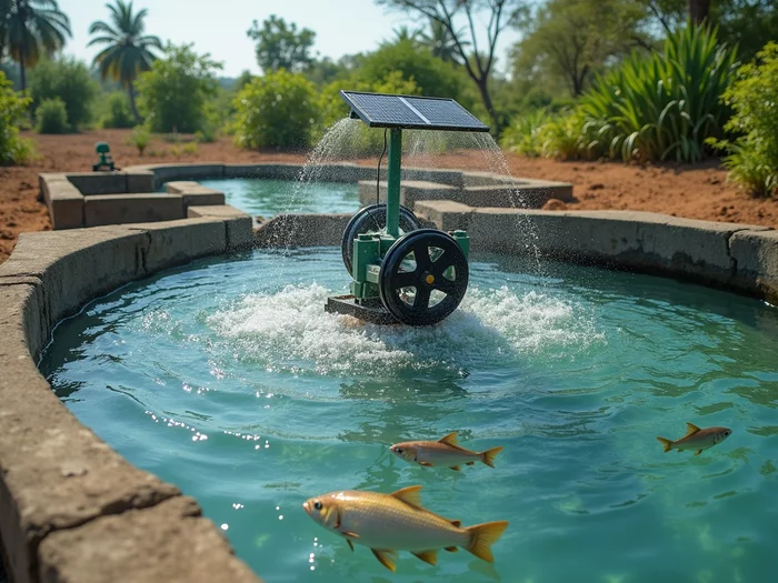 Solar-powered paddle wheel aerator actively aerating a commercial concrete tilapia pond, showing clear water with healthy Nile tilapia swimming, and professional aquaculture infrastructure. No text, no words, no typography, no labels, clean image.