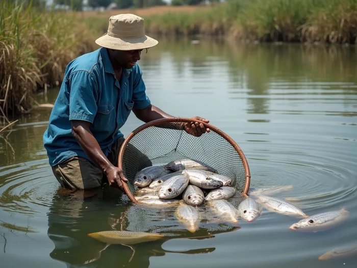 African farmer inspecting a net full of healthy Nile tilapia in a commercial pond, checking for visual signs of disease, with professional aquaculture infrastructure visible