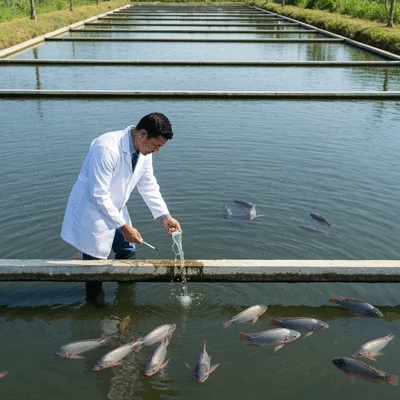 Aquaculture expert inspecting water quality in a tilapia pond with healthy fish