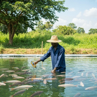 African farmer using a portable DO meter in a tilapia pond