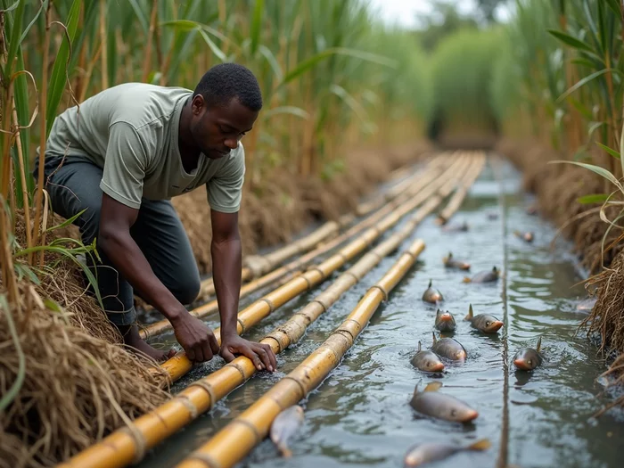 Farmer preparing bamboo poles as natural substrates for tilapia breeding ponds