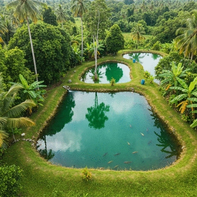 Aerial view of a well-designed tilapia pond in a tropical setting