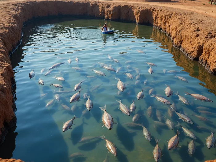 Commercial tilapia pond with healthy Nile tilapia, professional aquaculture infrastructure in an African farming context.
