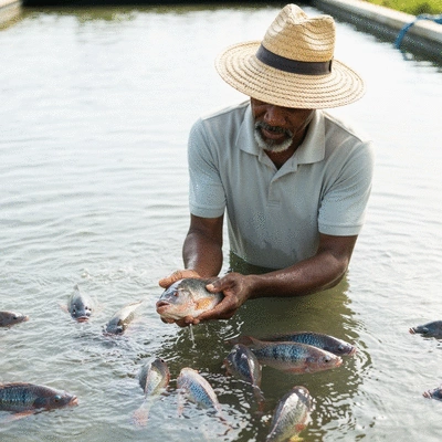 Aquaculture expert examining tilapia in a clean, aerated pond