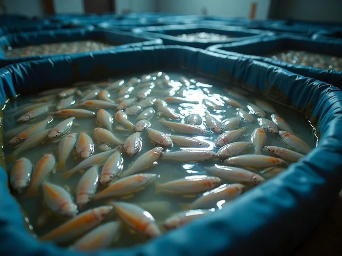 Tilapia fingerlings in a commercial hatchery tank
