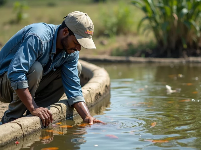 Professional fish farmer inspecting healthy Nile tilapia in a clean commercial pond for early signs of disease, with clear water and aeration visible, African farming context, no text, no words, no typography