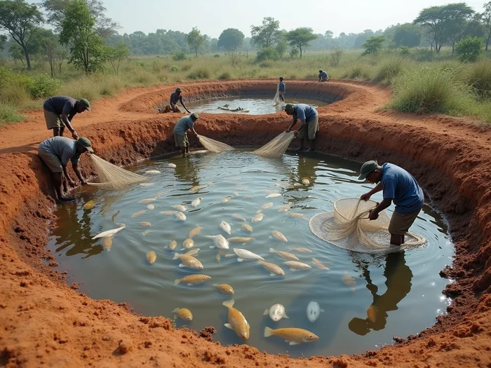 Commercial fish farming operation for Nile Tilapia in Africa, with workers harvesting fish from a pond