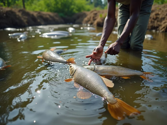 A farmer monitoring Nile tilapia feeding behavior in a converted commercial pond, observing fish actively consuming feed pellets, with clear water and healthy fish visible