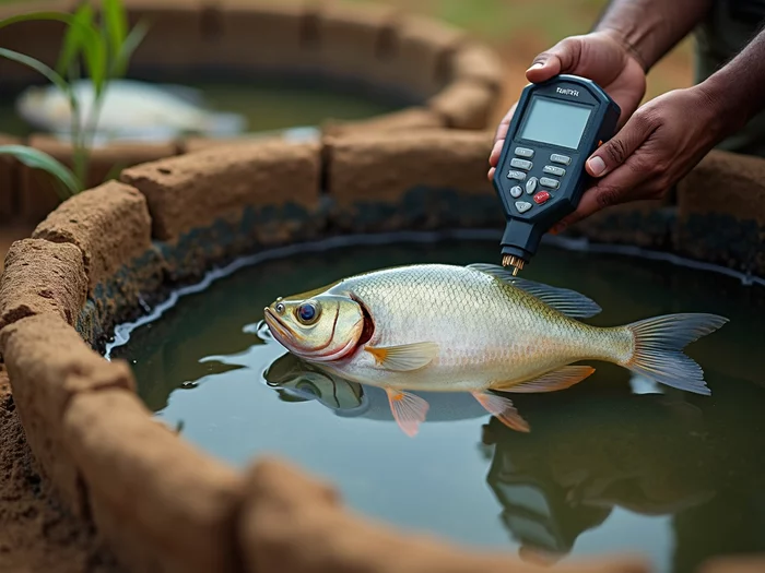 African farmer testing water quality in a commercial tilapia pond