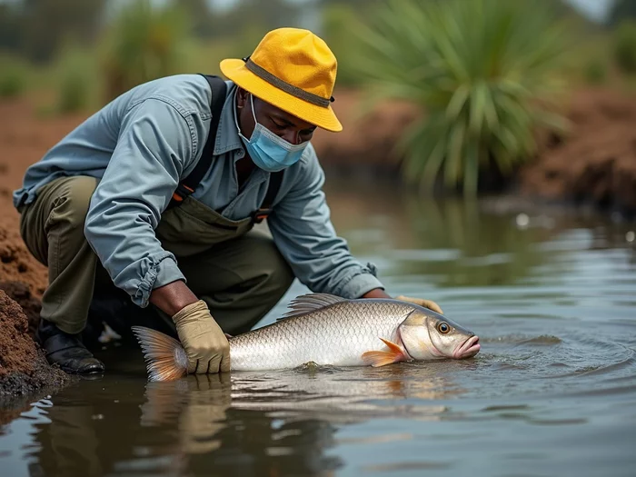 Professional African tilapia farmer inspecting healthy Nile tilapia in a well-managed commercial pond