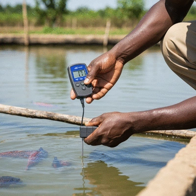 African farmer testing tilapia pond water pH levels with a digital meter