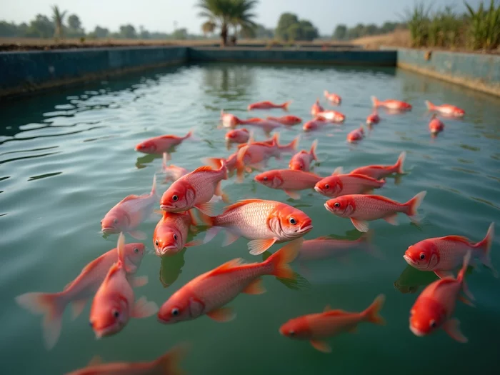 Red tilapia swimming in a commercial aquaculture pond in Africa