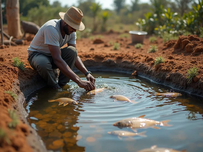 Professional African fish farmer inspecting Zebra Tilapia in a commercial outdoor pond, showing aquaculture infrastructure