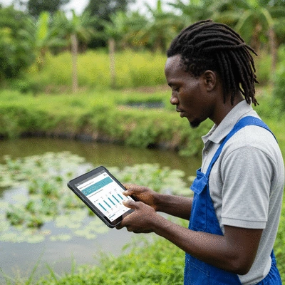 African farmer using a tablet to monitor water quality in a fish pond