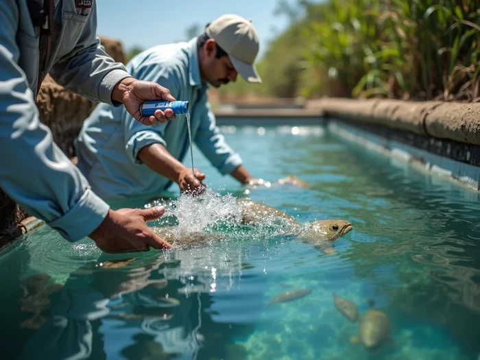 Farmer performing water quality tests on a commercial tilapia pond