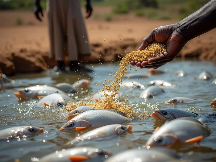 Farmer feeding tilapia in a commercial earthen pond