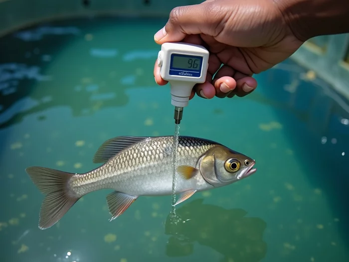 Scientist or farmer conducting water quality tests on a commercial tilapia pond, showing testing equipment and clear water.