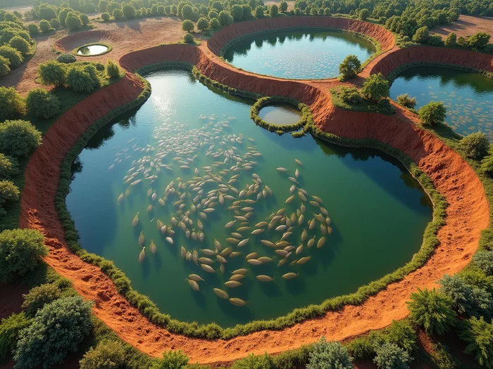 Commercial earthen tilapia pond with clear water and feeding rings